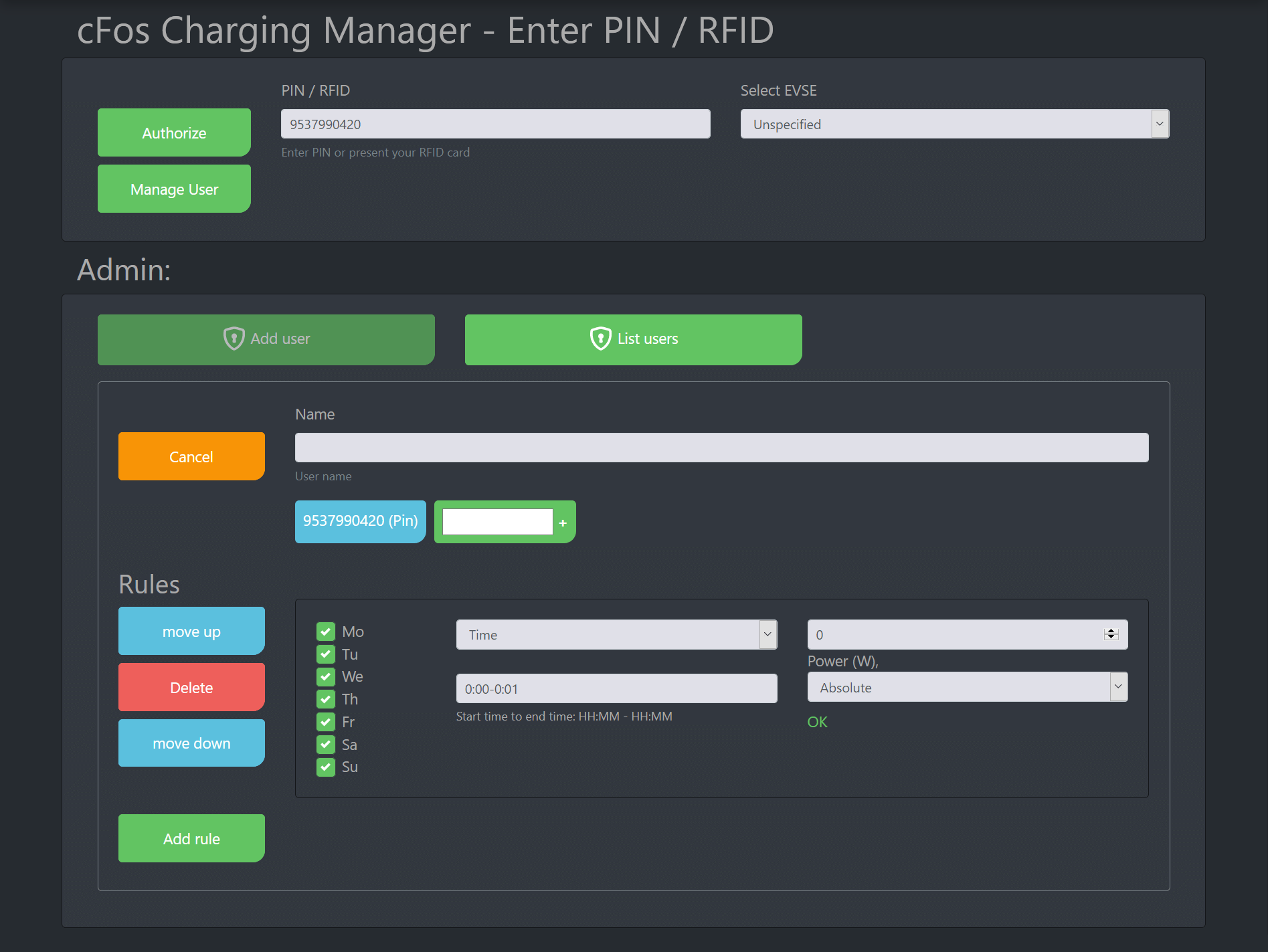 Screenshot cFos Charging Manager Documentation - RFID / PIN