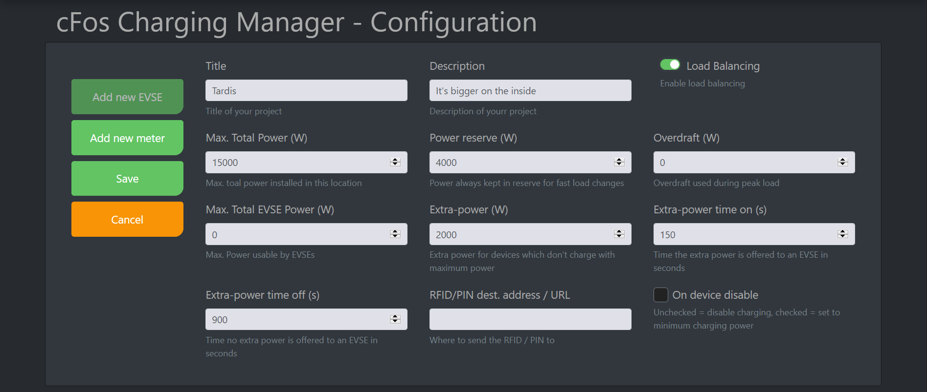 Screenshot #1 documentație cFos Charging Manager - Configurație