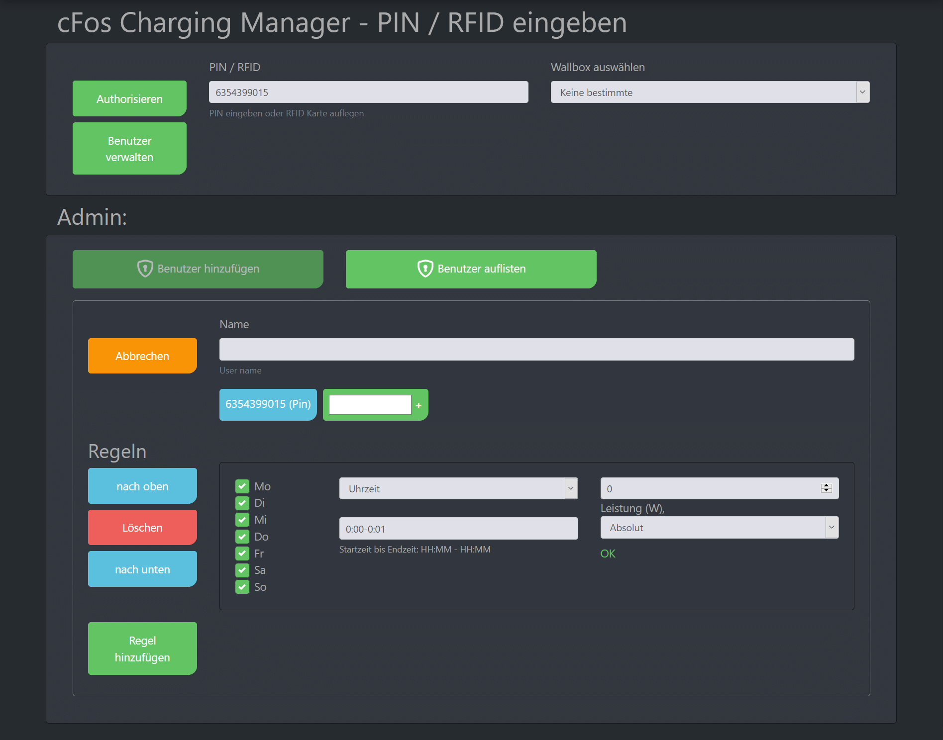 Screenshot cFos Charging Manager Dokumentation - RFID / PIN