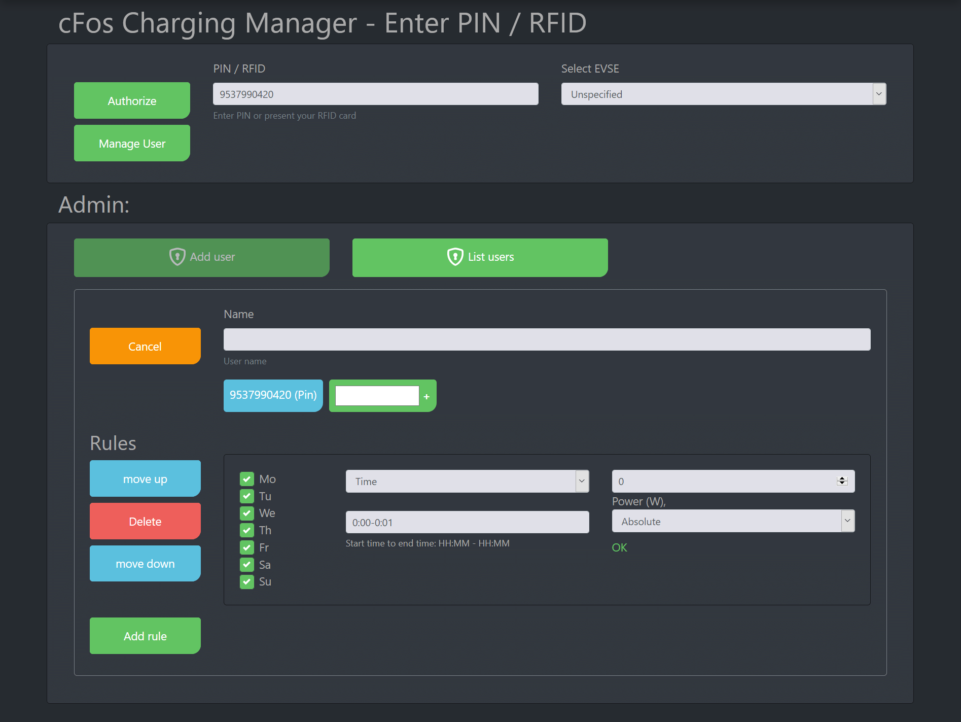 Screenshot cFos Charging Manager Dokumentation - RFID / PIN-KODE