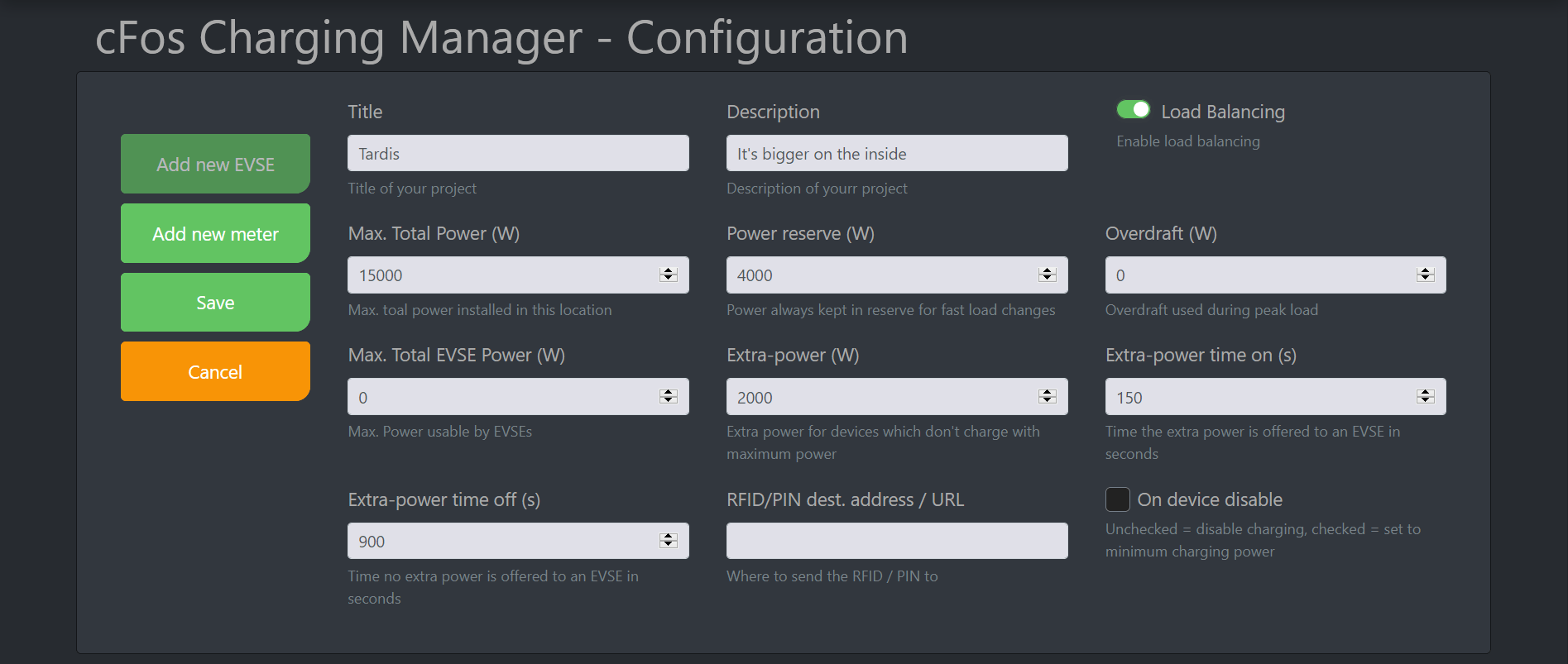 Screenshot #1 Tài liệu về Trình quản lý Sạc cFos - Cấu hình