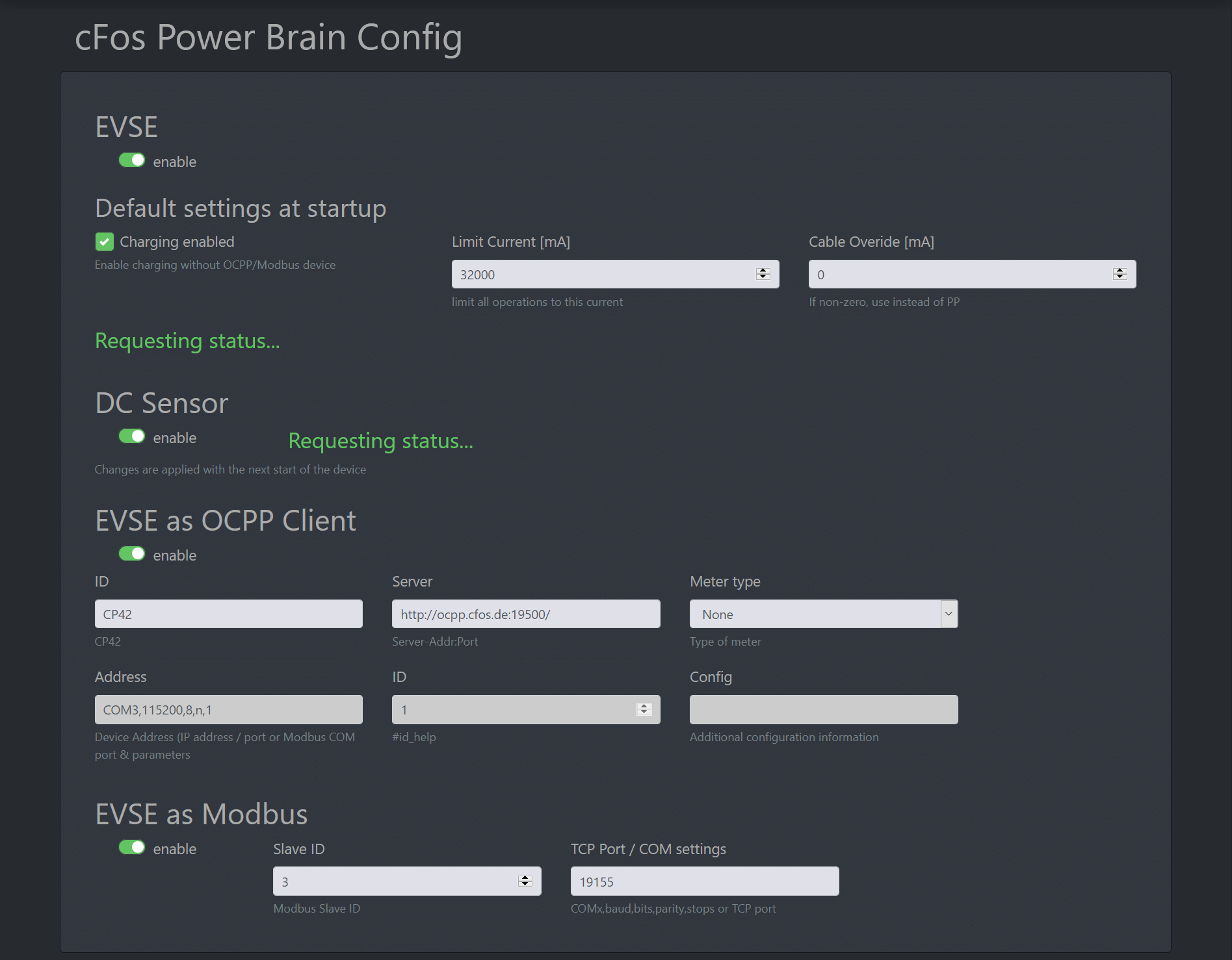 Screenshot #1 documentation sur le cFos Charging Manager - configuration du contrôleur de charge cFos