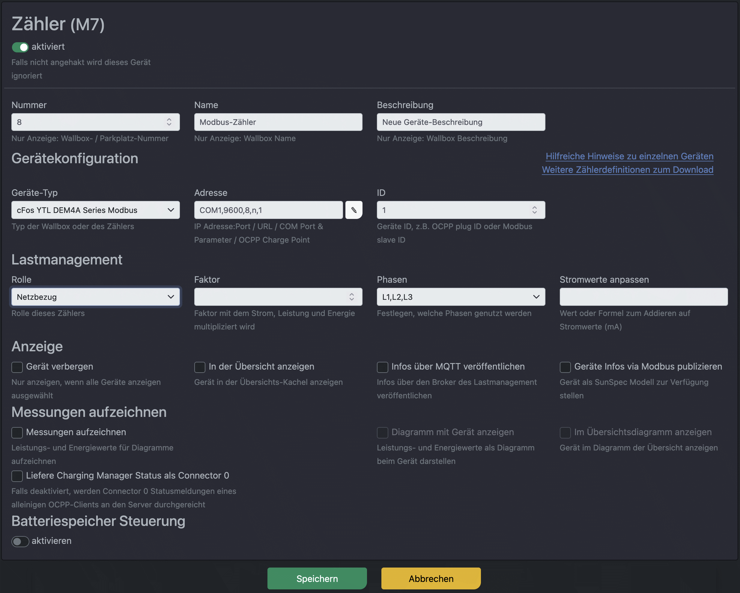 Img Schermata di configurazione di cFos Charging Manager