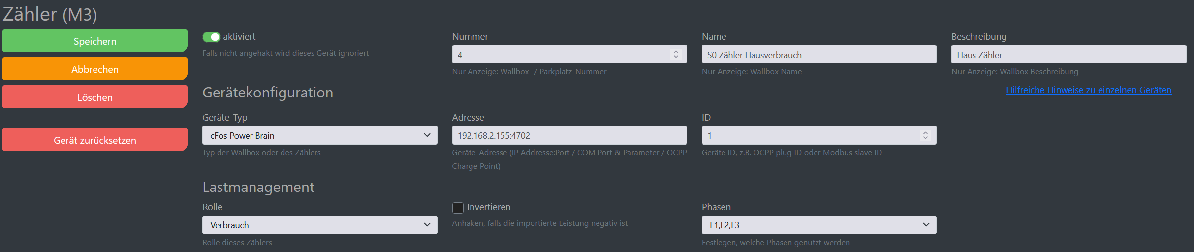 Img Capture d'écran de la configuration de cFos Charging Manager