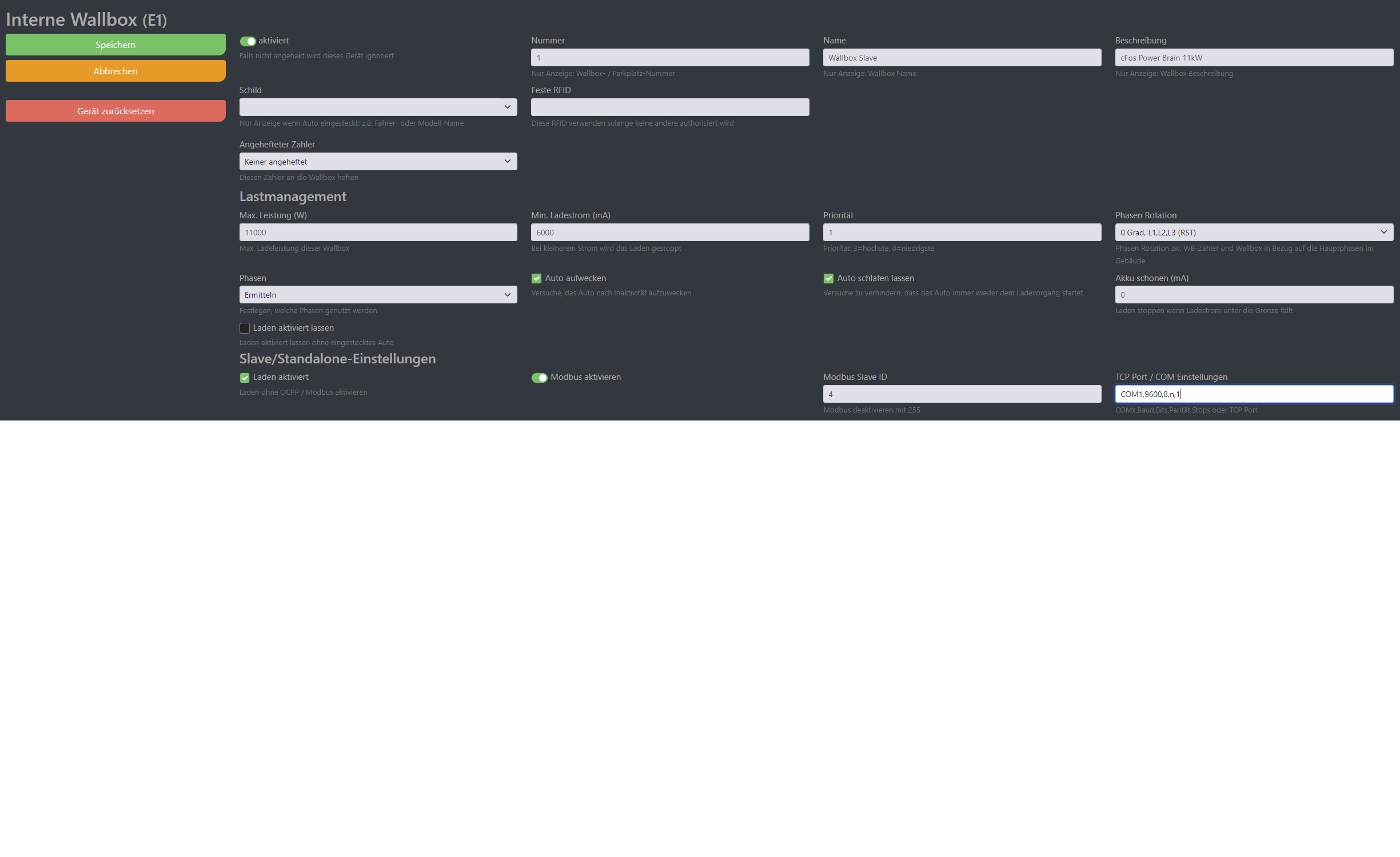 Img Schermata di configurazione di cFos Charging Manager