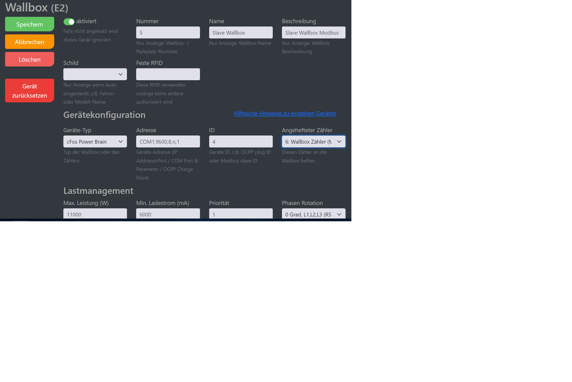 Img Schermata di configurazione di cFos Charging Manager