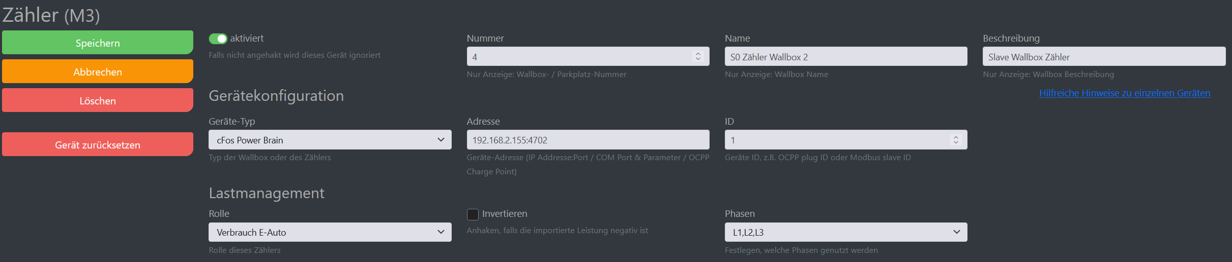 Img Snímek obrazovky konfigurace správce nabíjení cFos