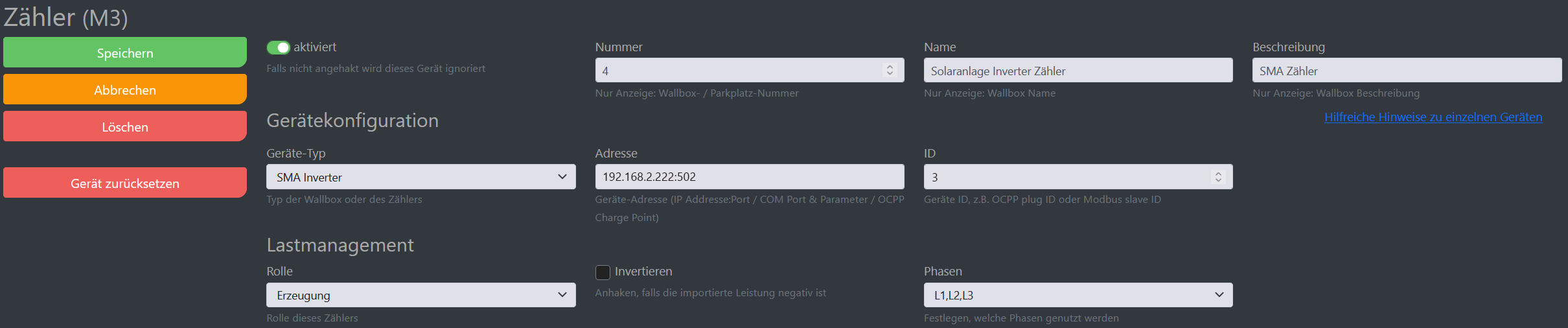 Img Captura de ecrã cFos Charging Manager configuração