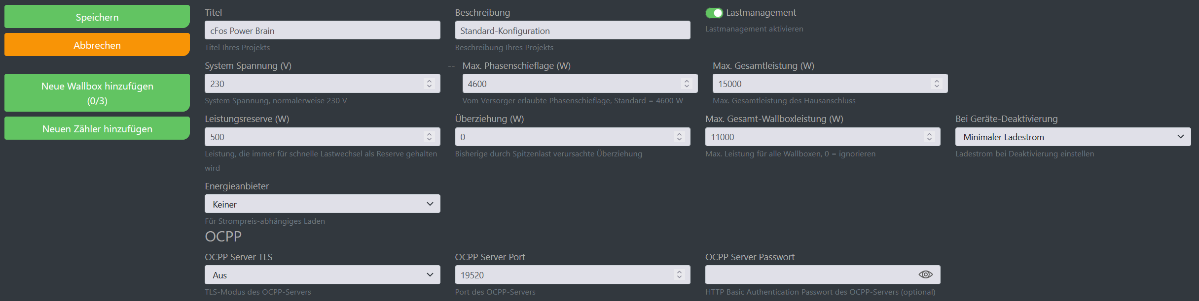 Img Schermata di configurazione di cFos Charging Manager