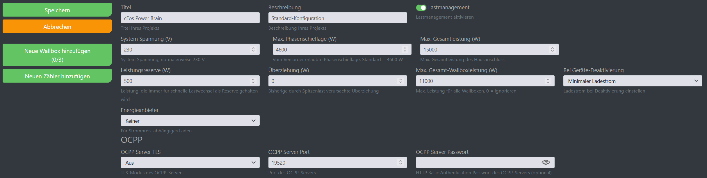 Img Capture d'écran de la configuration de cFos Charging Manager