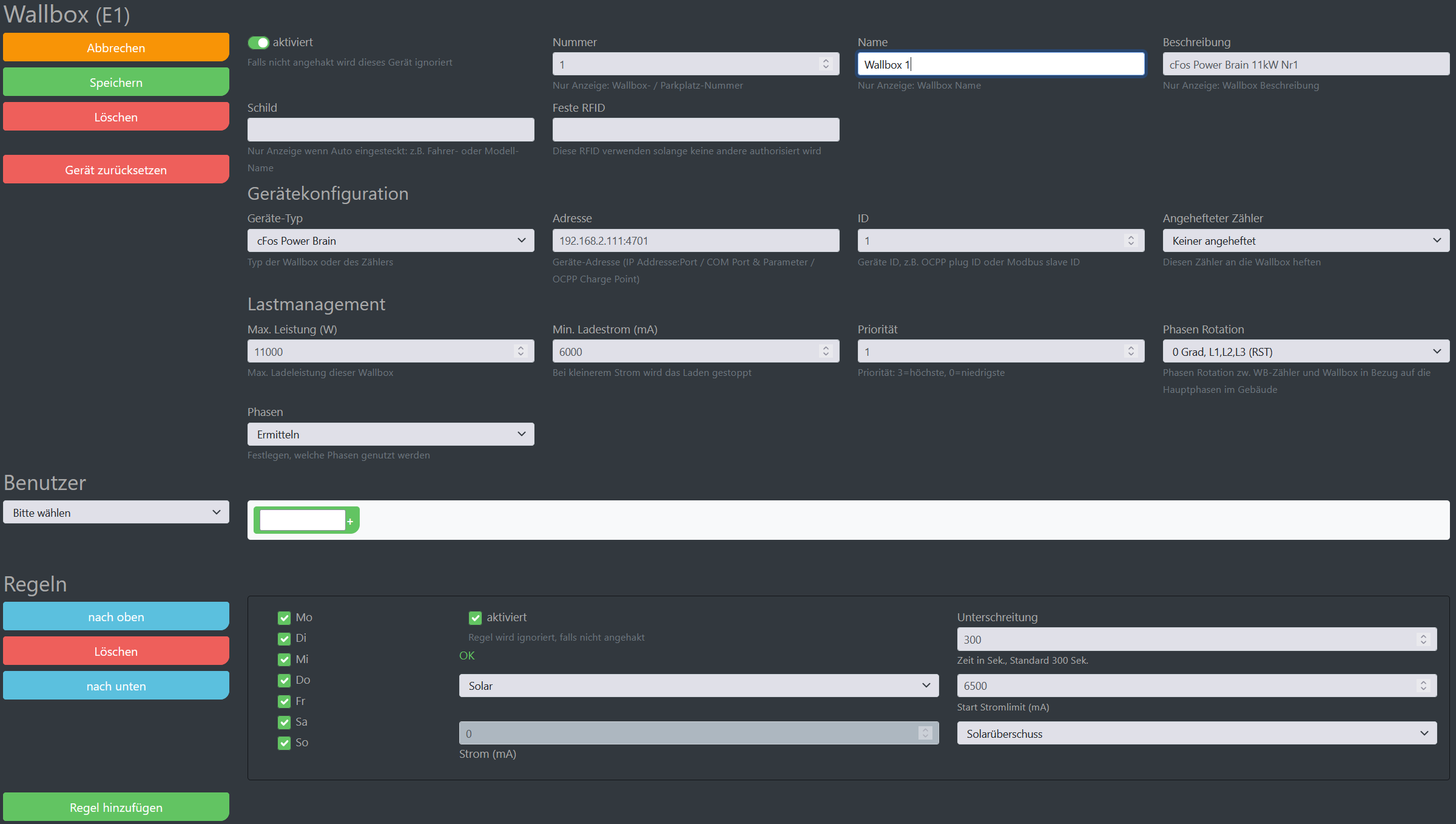 Capture d'écran des paramètres de configuration des wallboxes